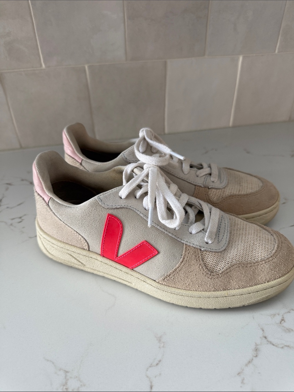 Beige & Pink Veja V-10 Sneakers